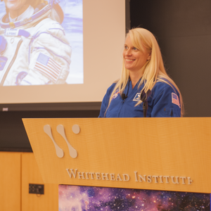 NASA astronaut and former Whitehead Institute Fellow Kate Rubins met with local students at the Whitehead Institute on Sept. 12