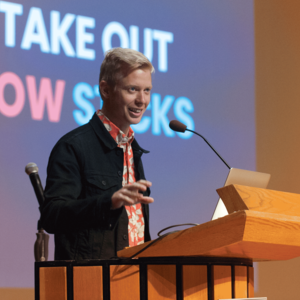 Steve Huffman, the CEO of popular internet community reddit, delivering his keynote speech to the hackers gathered at HackMIT