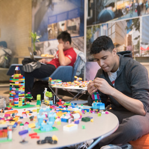 A student busies himself with the Lego set in 26-110, the Compton Lounge, which has been recently refurnished by the UA Innovation Committee